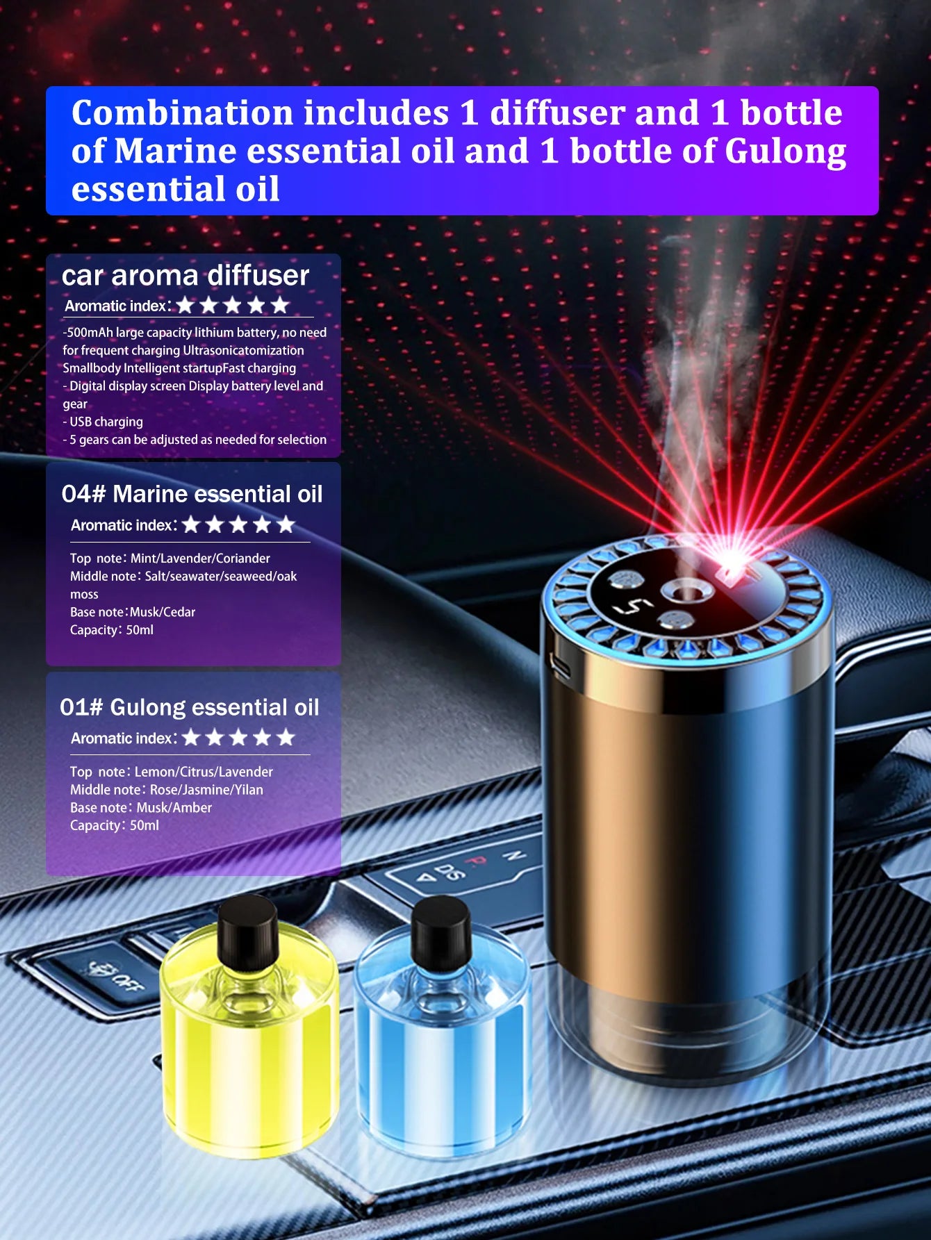 Rechargeable car aroma diffuser, aromatic essential oil, colorful lights, romantic starry sky lights, bedroom gift