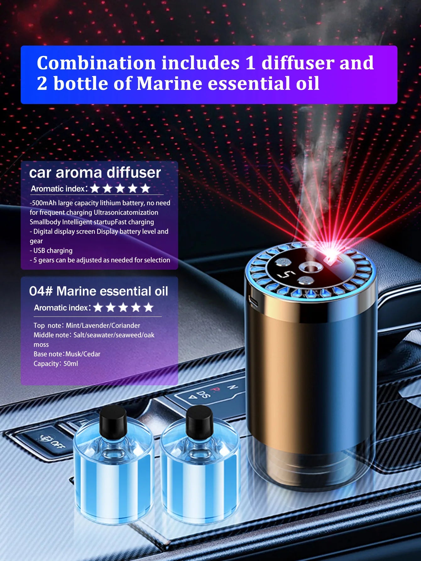 Rechargeable car aroma diffuser, aromatic essential oil, colorful lights, romantic starry sky lights, bedroom gift