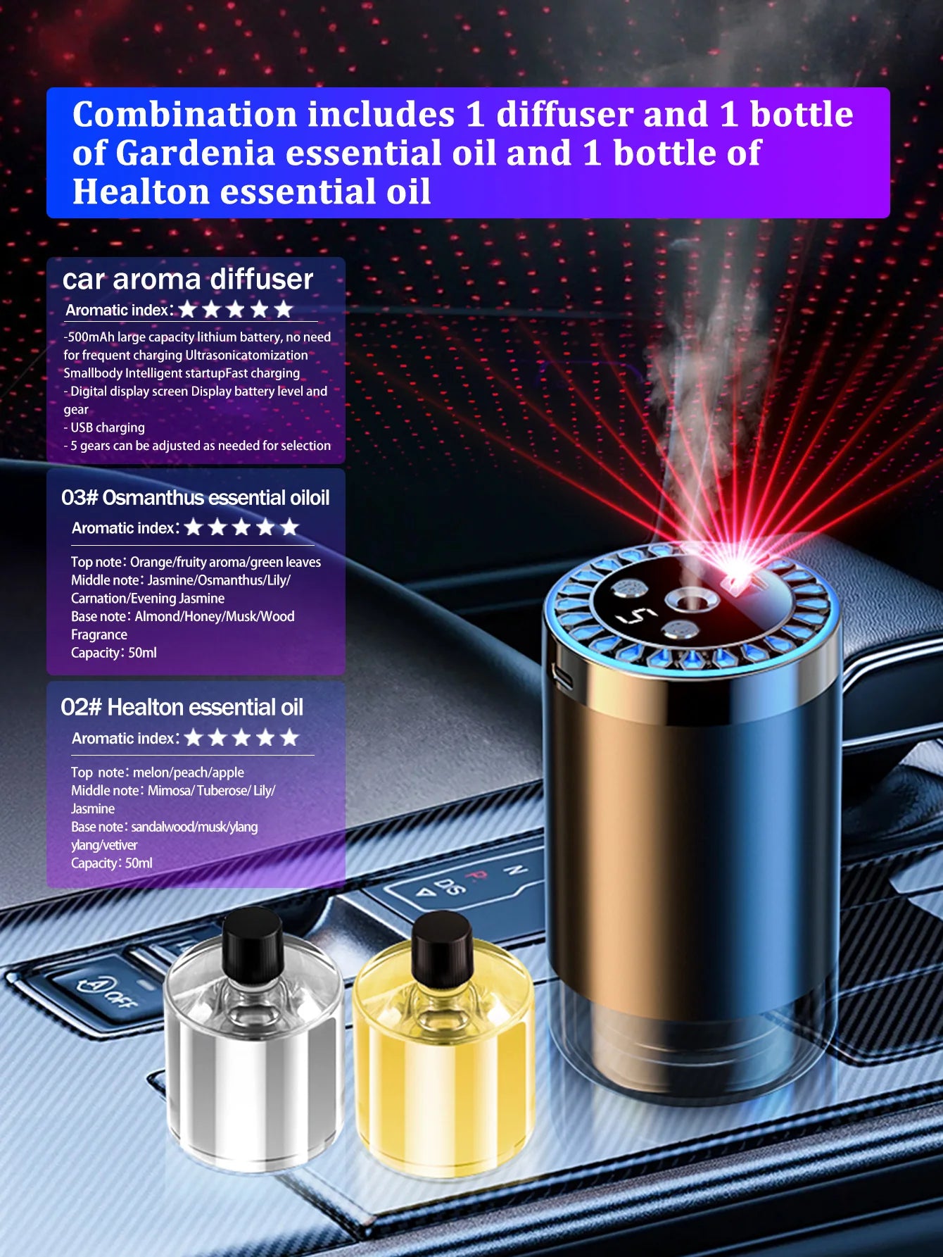 Rechargeable car aroma diffuser, aromatic essential oil, colorful lights, romantic starry sky lights, bedroom gift
