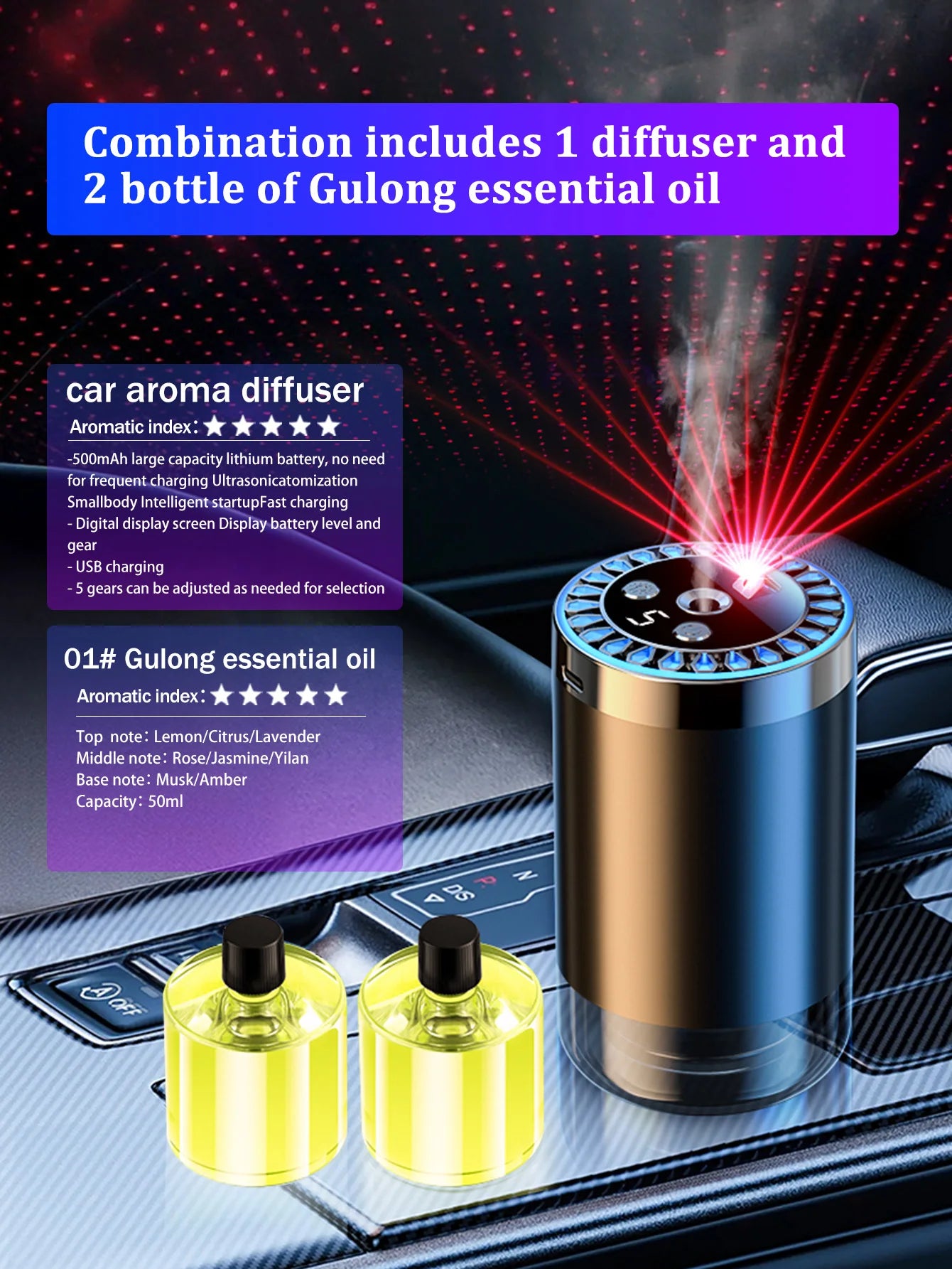 Rechargeable car aroma diffuser, aromatic essential oil, colorful lights, romantic starry sky lights, bedroom gift