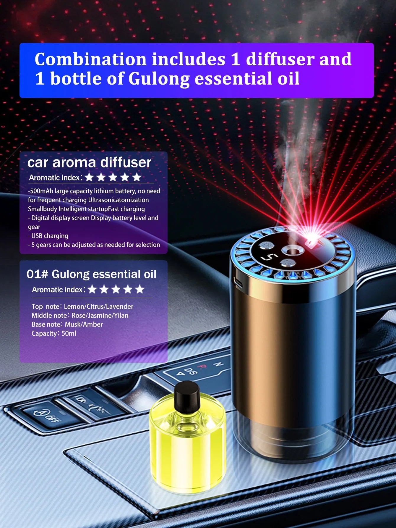 Rechargeable car aroma diffuser, aromatic essential oil, colorful lights, romantic starry sky lights, bedroom gift