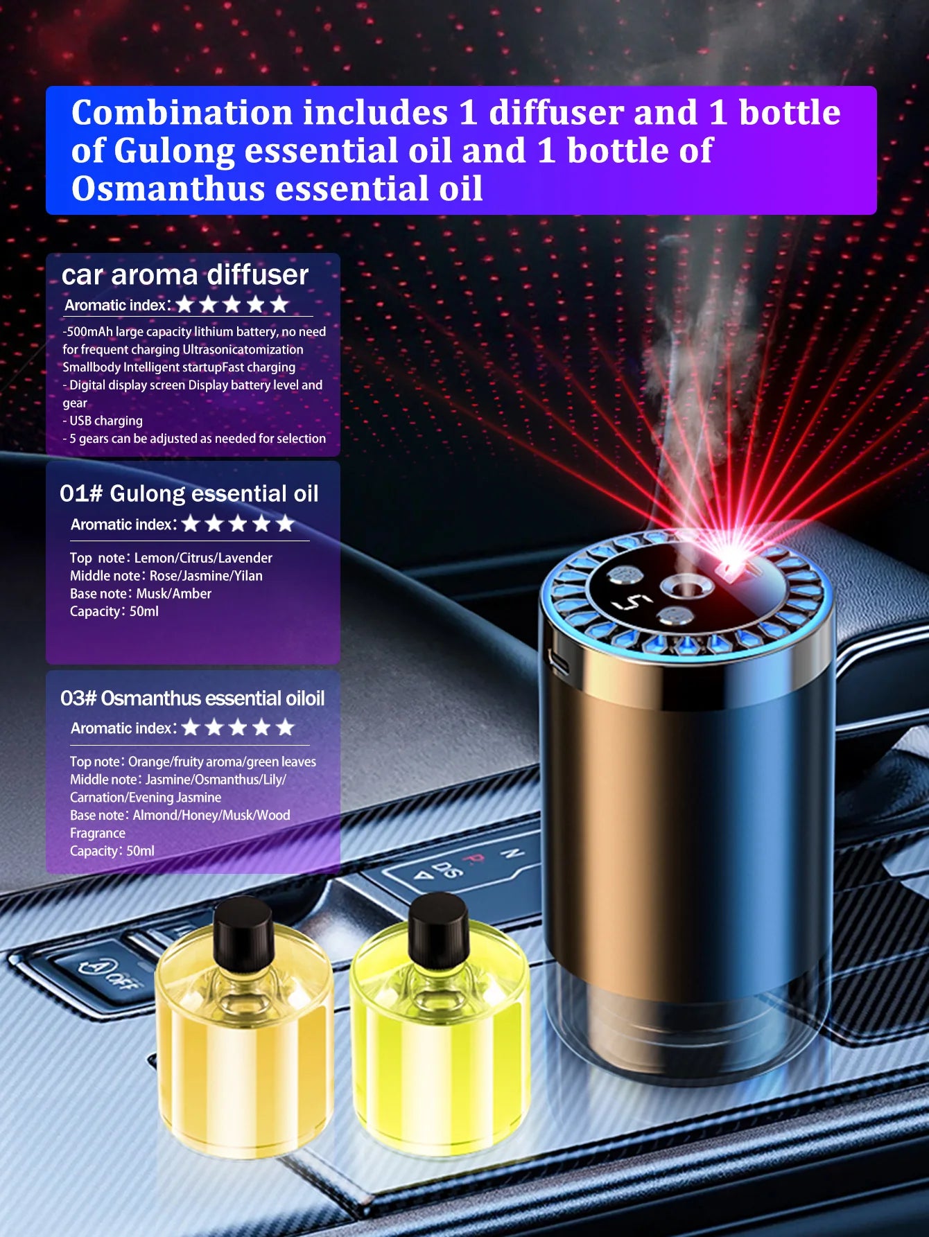 Rechargeable car aroma diffuser, aromatic essential oil, colorful lights, romantic starry sky lights, bedroom gift