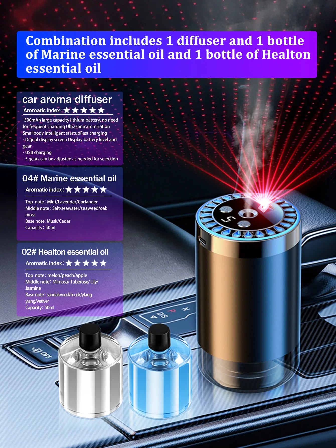 Rechargeable car aroma diffuser, aromatic essential oil, colorful lights, romantic starry sky lights, bedroom gift