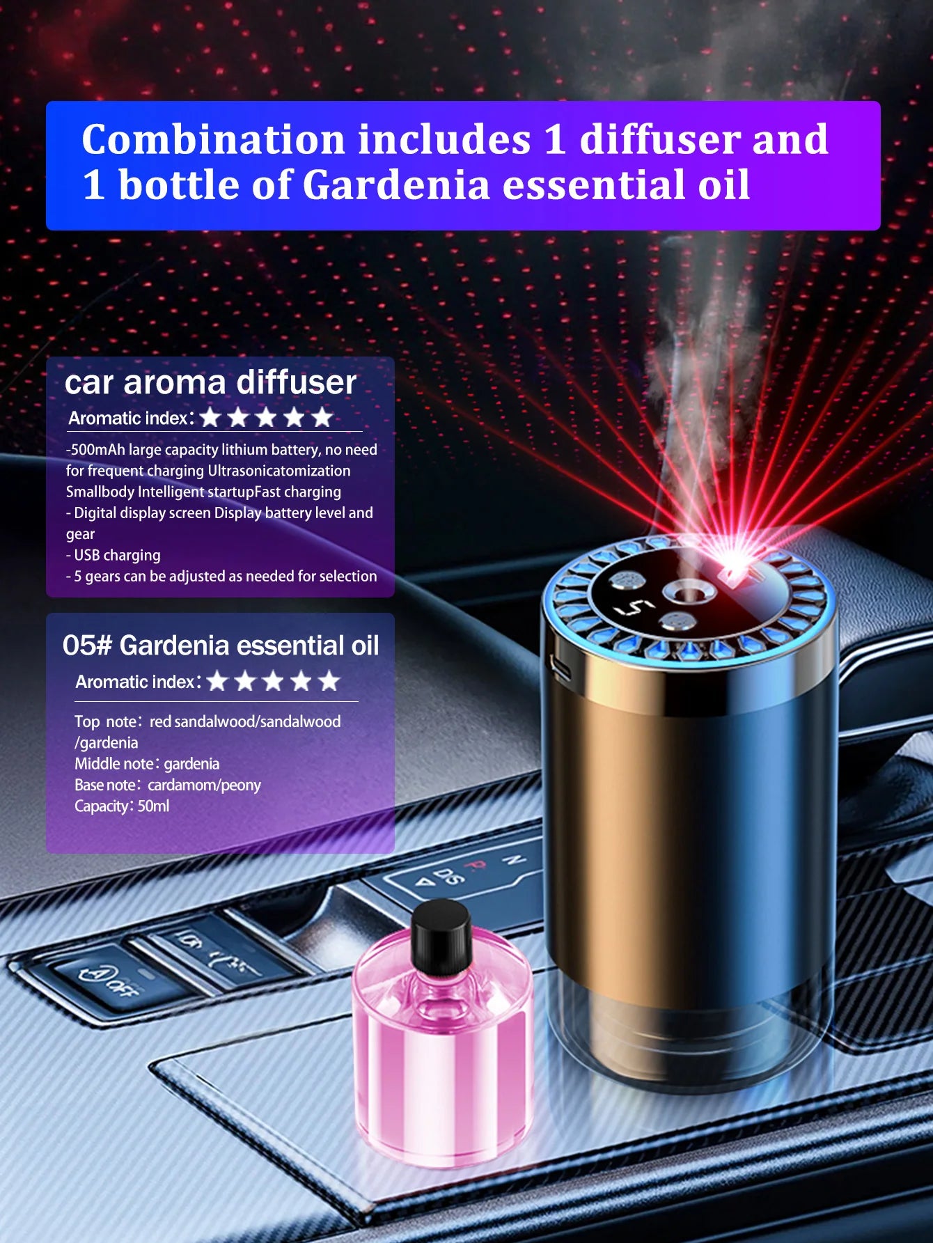 Rechargeable car aroma diffuser, aromatic essential oil, colorful lights, romantic starry sky lights, bedroom gift