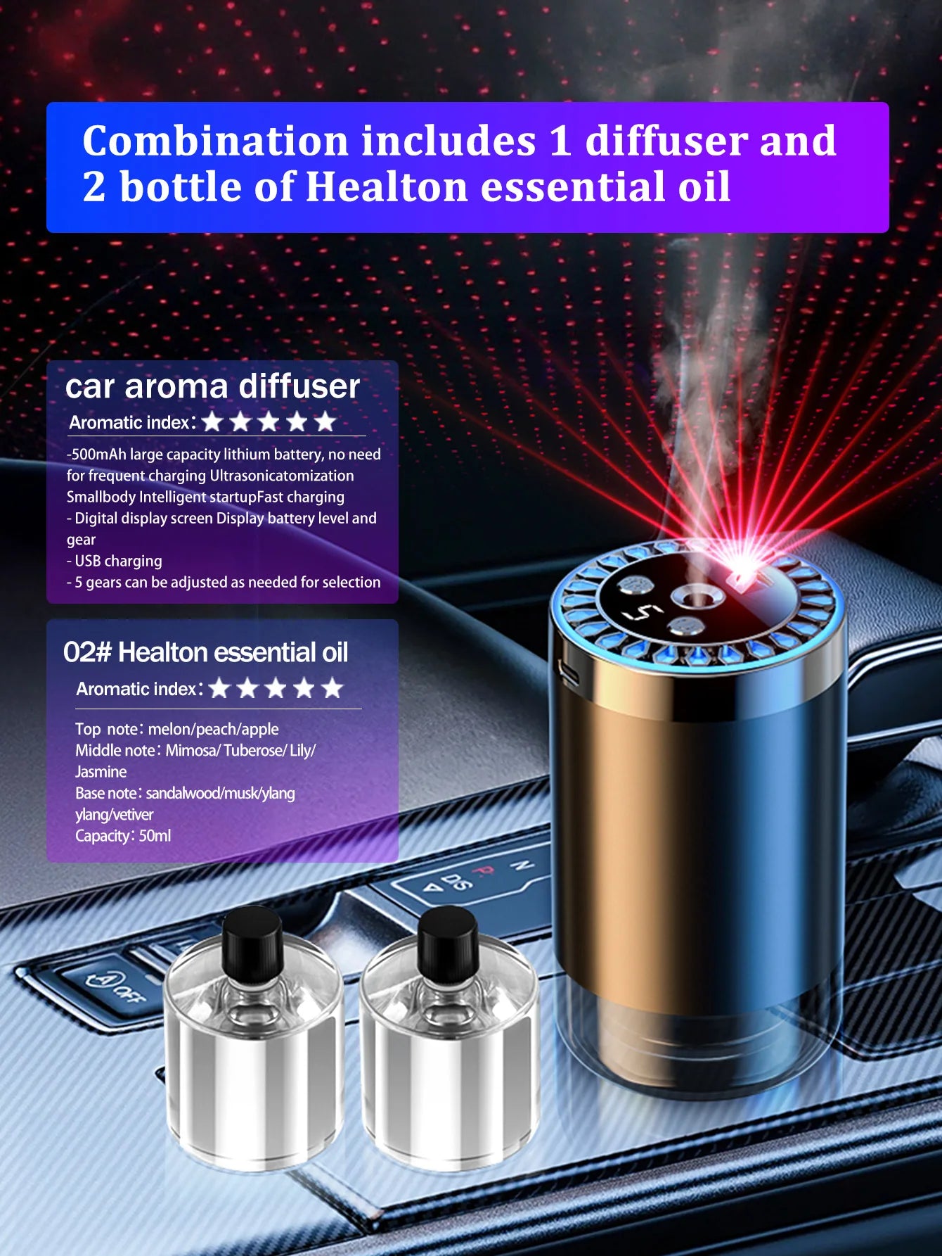 Rechargeable car aroma diffuser, aromatic essential oil, colorful lights, romantic starry sky lights, bedroom gift